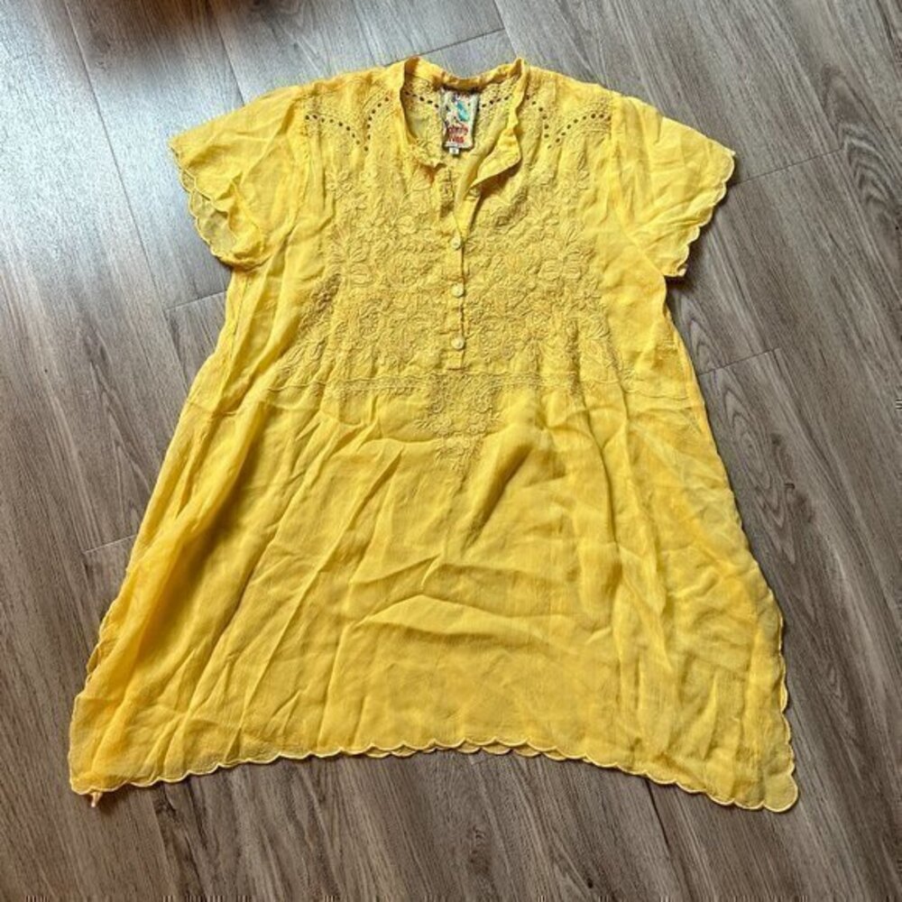 Johnny Was Yellow Lace Button Up Ruffle Tunic Top Size S